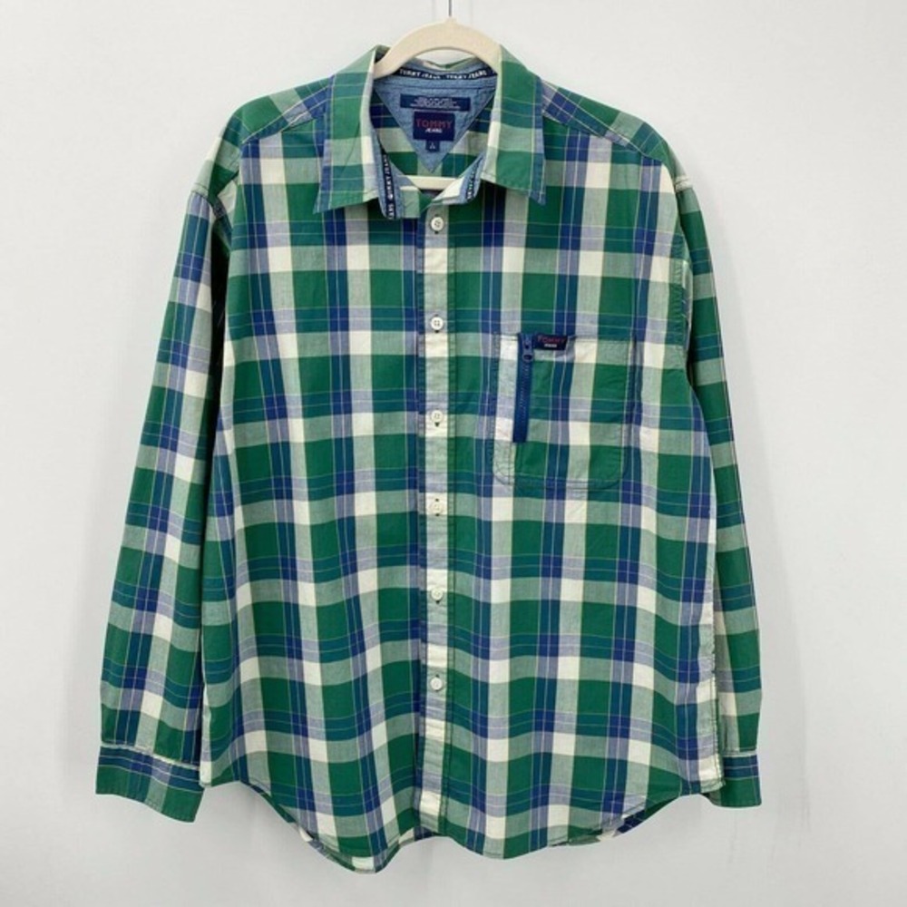 Tommy Hilfiger Tommy Jeans Plaid Button Down Shirt L Green Blue Zippered Pocket
